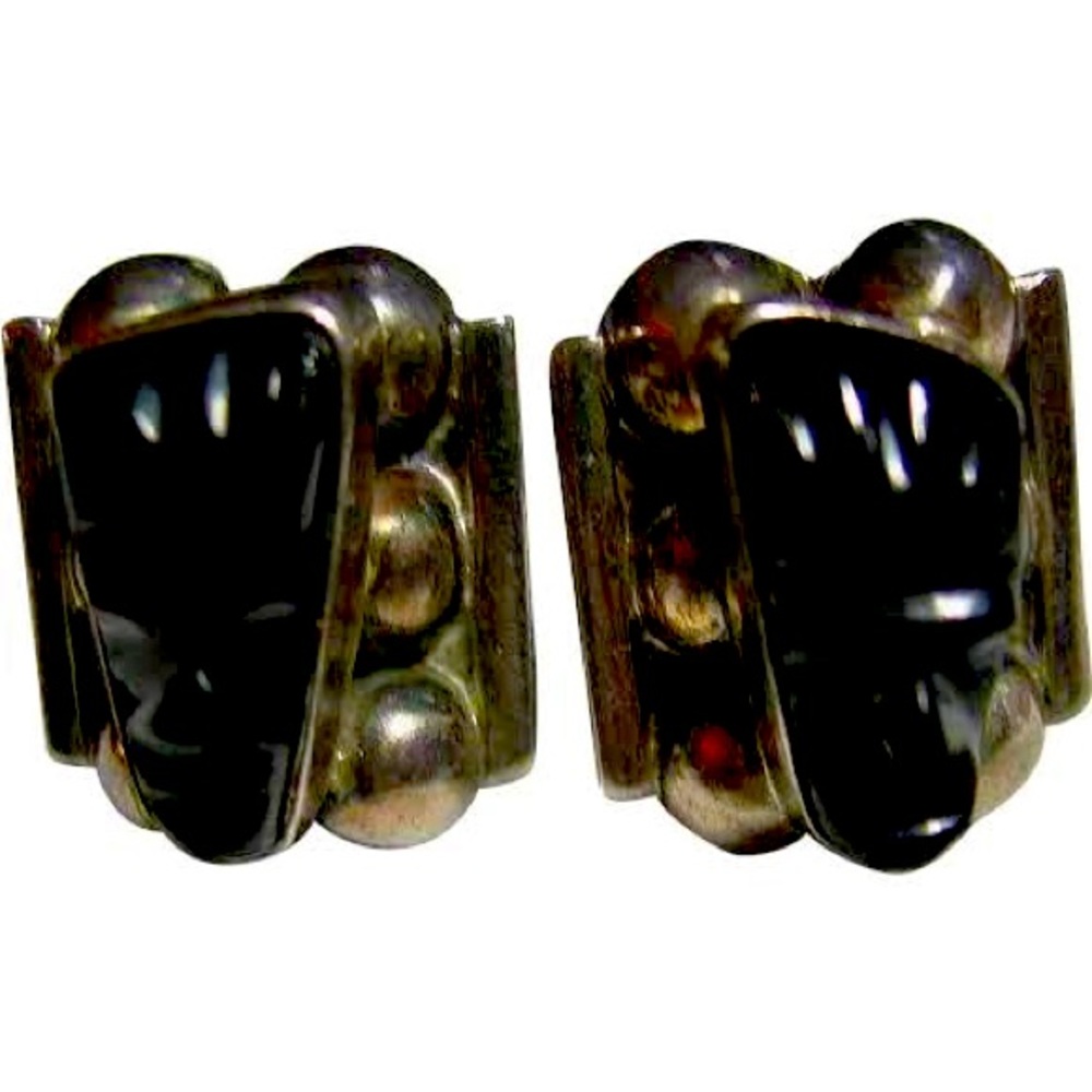 Vintage Mexico Small Black Carved Onyx & Sterling Silver Tribal Face S
Visit